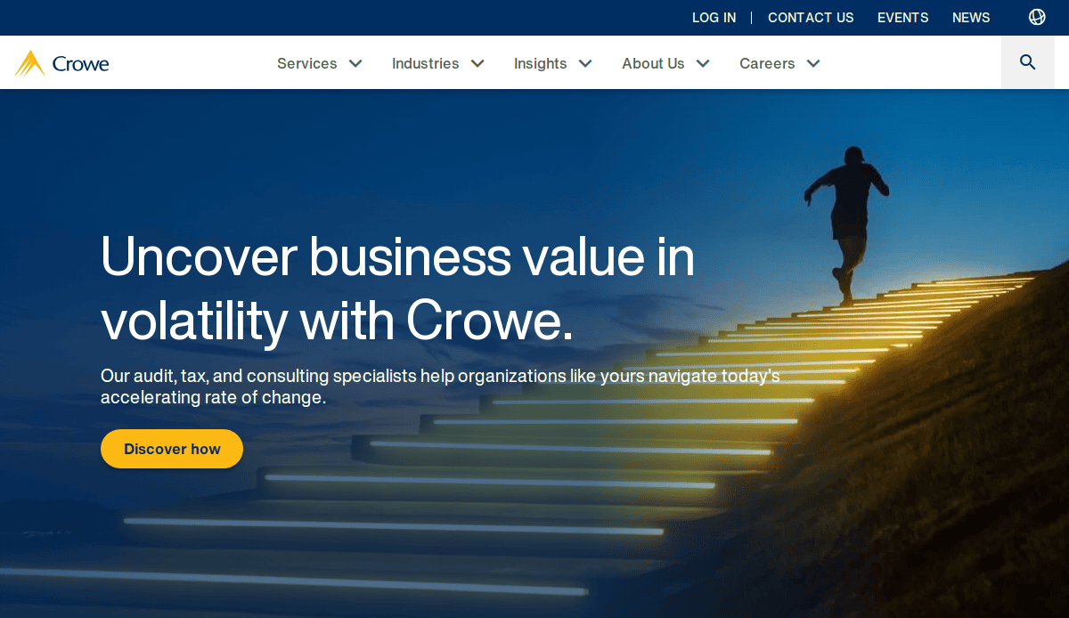 A person jogs up illuminated steps on a hillside under a dark sky. Text reads, Uncover high-impact business value in volatility with Crowe, promoting audit, tax, and consulting services. A yellow Discover how button is shown—perfect for any accountant website.