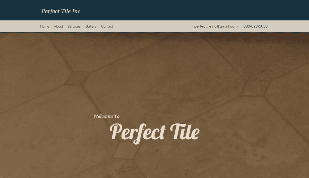 A website homepage for Perfect Tile Inc. featuring beige floor tiles, the company name, menu options, contact details, and a welcome message—expertly crafted for lead generation and professional tile contractor website design.