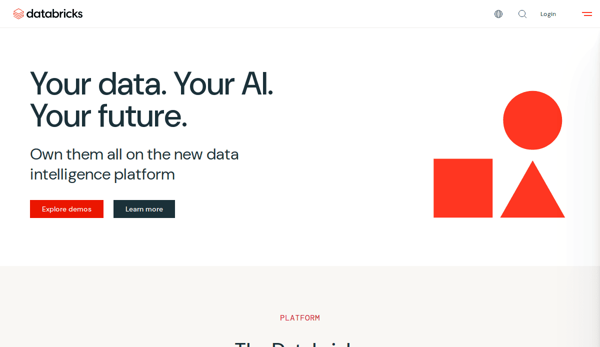 Screenshot of the Databricks B2B website design homepage featuring the text Your data. Your AI. Your future., with Explore demos and Learn more buttons. Geometric red shapes are displayed on the right side.