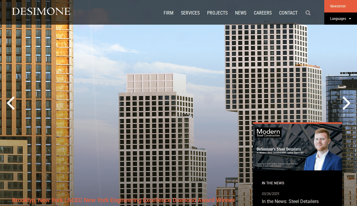 Tall modern skyscrapers with glass and geometric facades are shown at sunrise. A website overlay features the Desimone logo, menu, news links, and a spotlight on a man in a blue suit under Modern Steel Detailers—highlighting expert civil engineering.