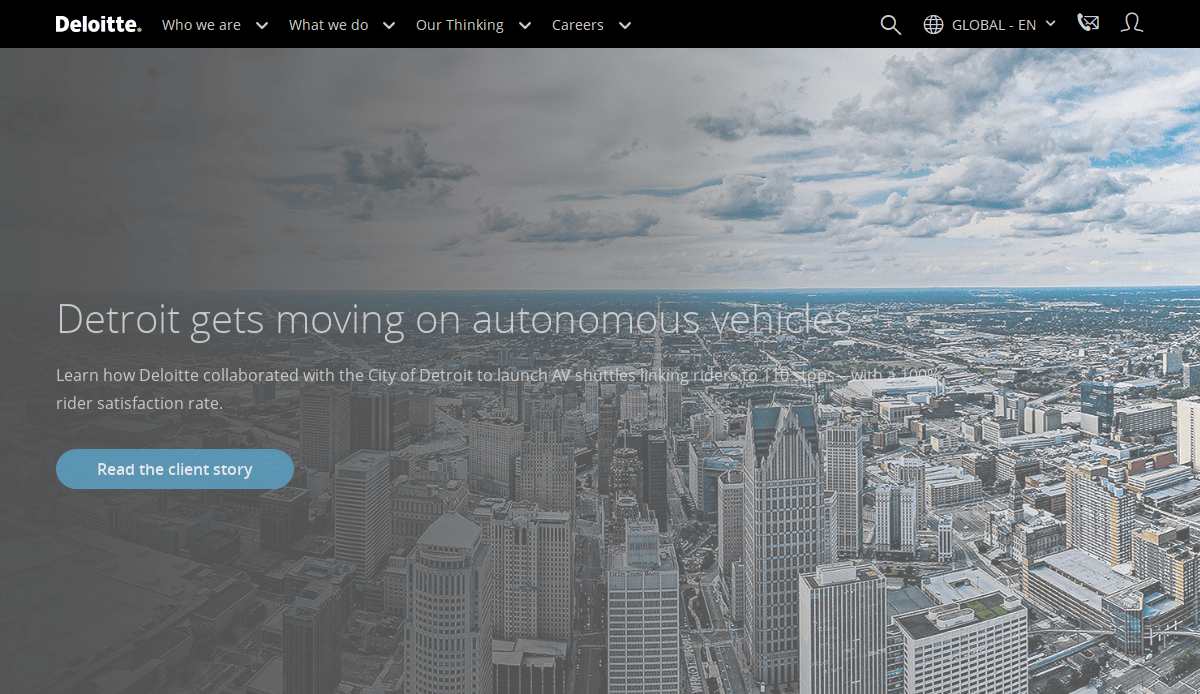 Aerial view of downtown Detroit with tall buildings and blue sky; overlaid text reads “Detroit gets moving on autonomous vehicles.” Deloitte branding is visible—discover how consultant website design helps win clients. Button: “Read the client story.”.