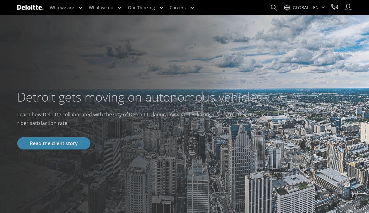 Aerial view of downtown Detroit skyscrapers under a blue sky. Text overlay reads: Detroit gets moving on autonomous vehicles, with a button labeled Read the client story. Deloitte logo and accounting firm website navigation appear at the top.