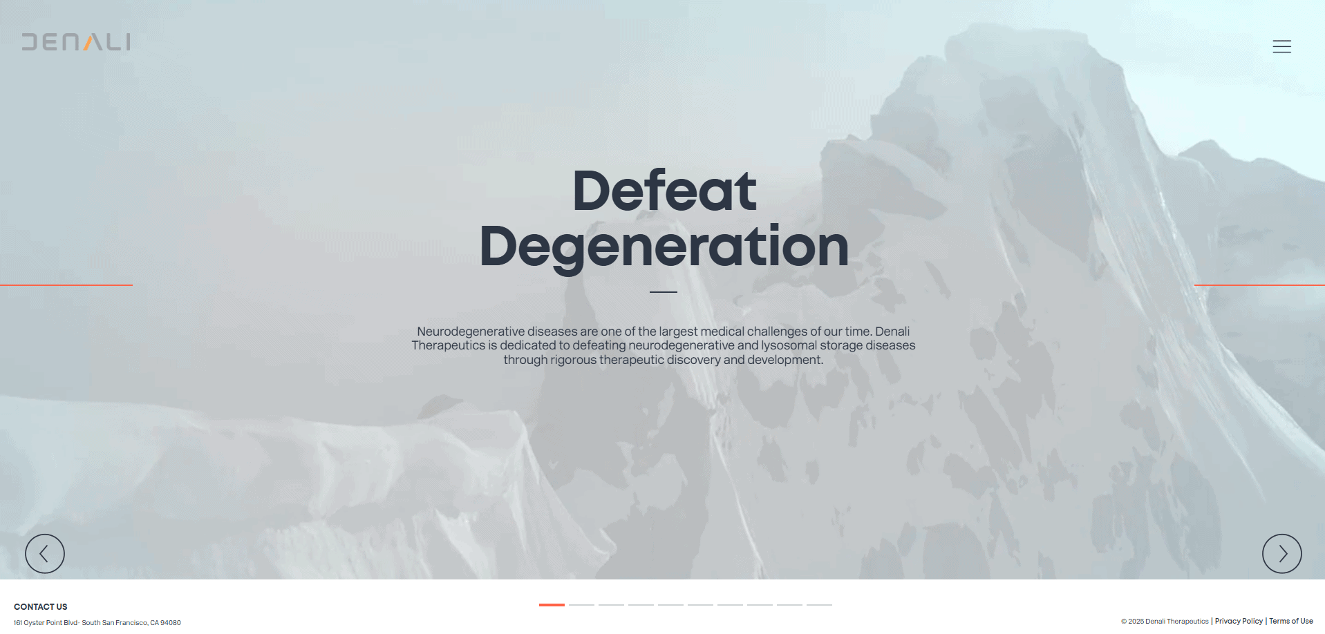 Denali Therapeutics website homepage features the slogan Defeat Degeneration over a snowy mountain background, highlighting their focus on neurodegenerative disease therapies and setting a strong example of impactful biotech website design.