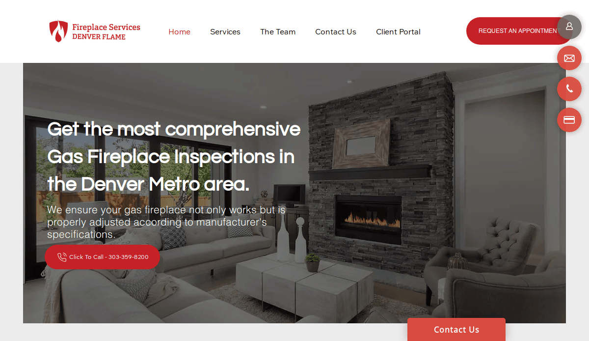 A modern living room with a gas fireplace built into a stone wall, two gray sofas, a white armchair, and coffee table—overlaid with text about Denver Flame gas fireplace inspections and expert chimney website design.