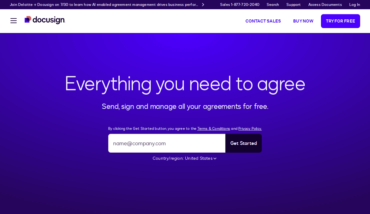 A DocuSign webpage with a purple gradient background showcases “Everything you need to agree.” This B2B website design features an email field, a “Get Started” button, and options to select your country or region.