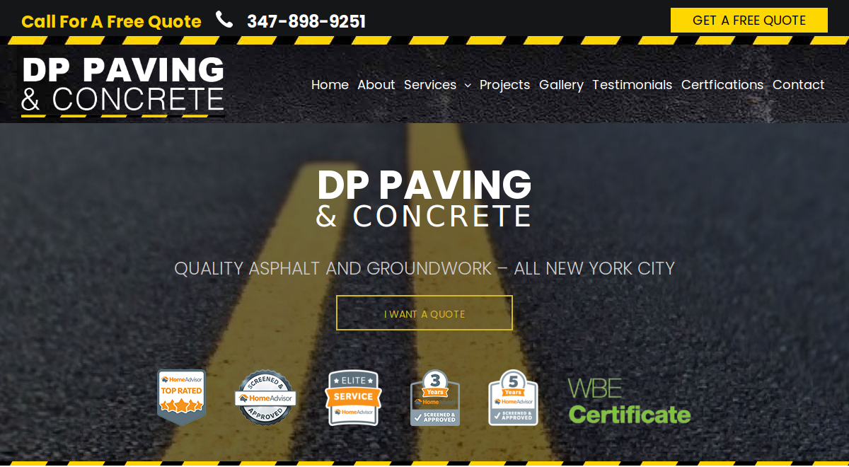 Screenshot of DP Paving & Concrete’s website design homepage with contact number, “Get a Free Quote” button, road with yellow line background, service badges, and the text QUALITY ASPHALT AND GROUNDWORK—ALL NEW YORK CITY from your trusted asphalt contractor.