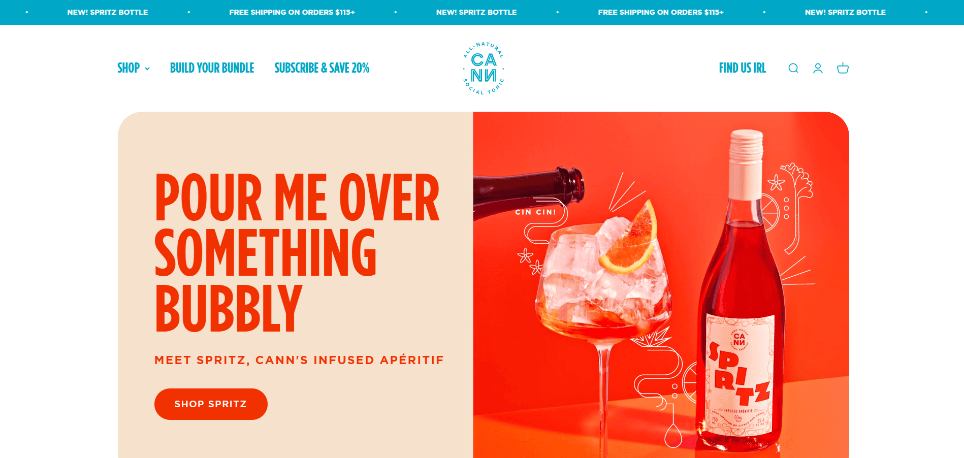 A bright website banner shows a bottle of Canns infused apéritif Spritz next to a glass with an orange slice. Bold text reads, Pour me over something bubbly. The Cannabis Website Design features an orange background with festive graphics.