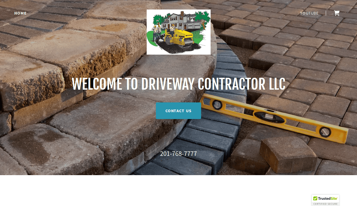 Close-up of brick pavers being installed with a yellow level tool, overlaid with Welcome to Driveway Contractor LLC, a contact button, phone number, and cartoon logo—your trusted asphalt contractor who drives results.