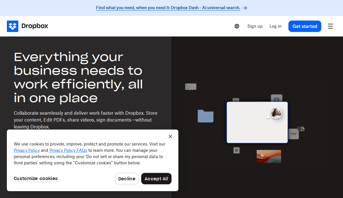 Dropbox homepage showcasing Everything your business needs to work efficiently, all in one place—perfect inspiration for B2B website design—with a cookie consent pop-up at the bottom left and cloud file icons on the right.