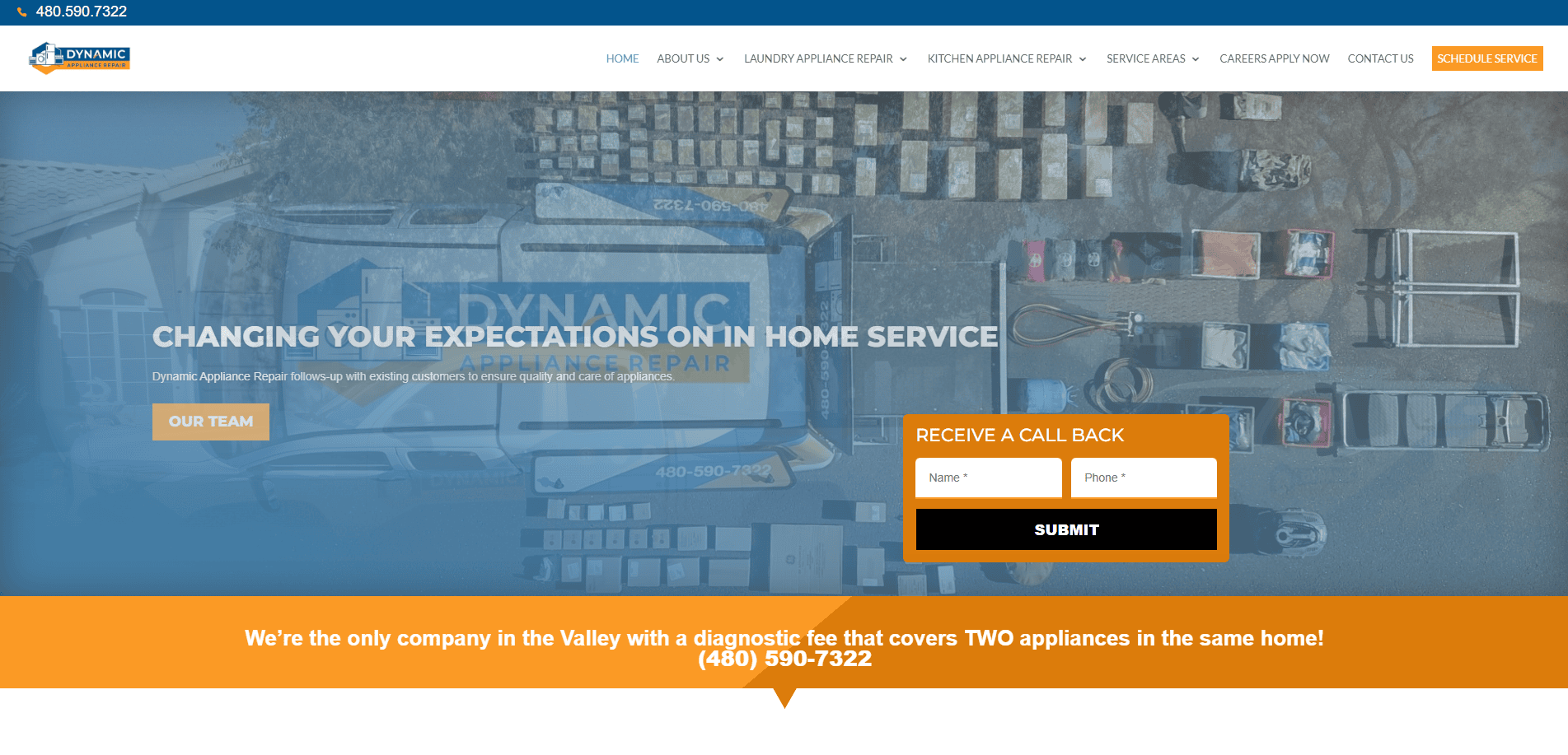 A professional website homepage for Dynamic Appliance Repair, featuring the company logo, modern website design, navigation menu, a call-to-action to schedule service, a callback form, and an aerial image of service vehicles and appliances.