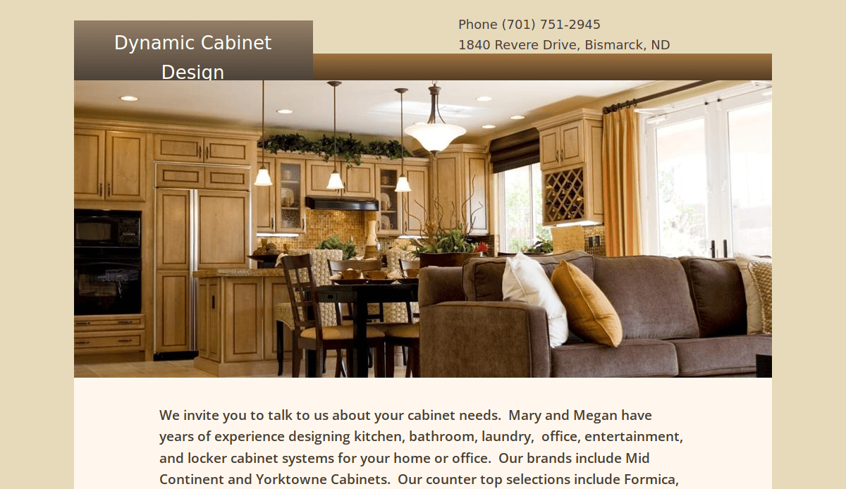 A modern kitchen by skilled cabinet makers features light wood cabinets, a kitchen island, and stainless steel appliances, opening to a living area with a brown sofa and round dining table; Dynamic Cabinet Design’s contact details and company info are also displayed.