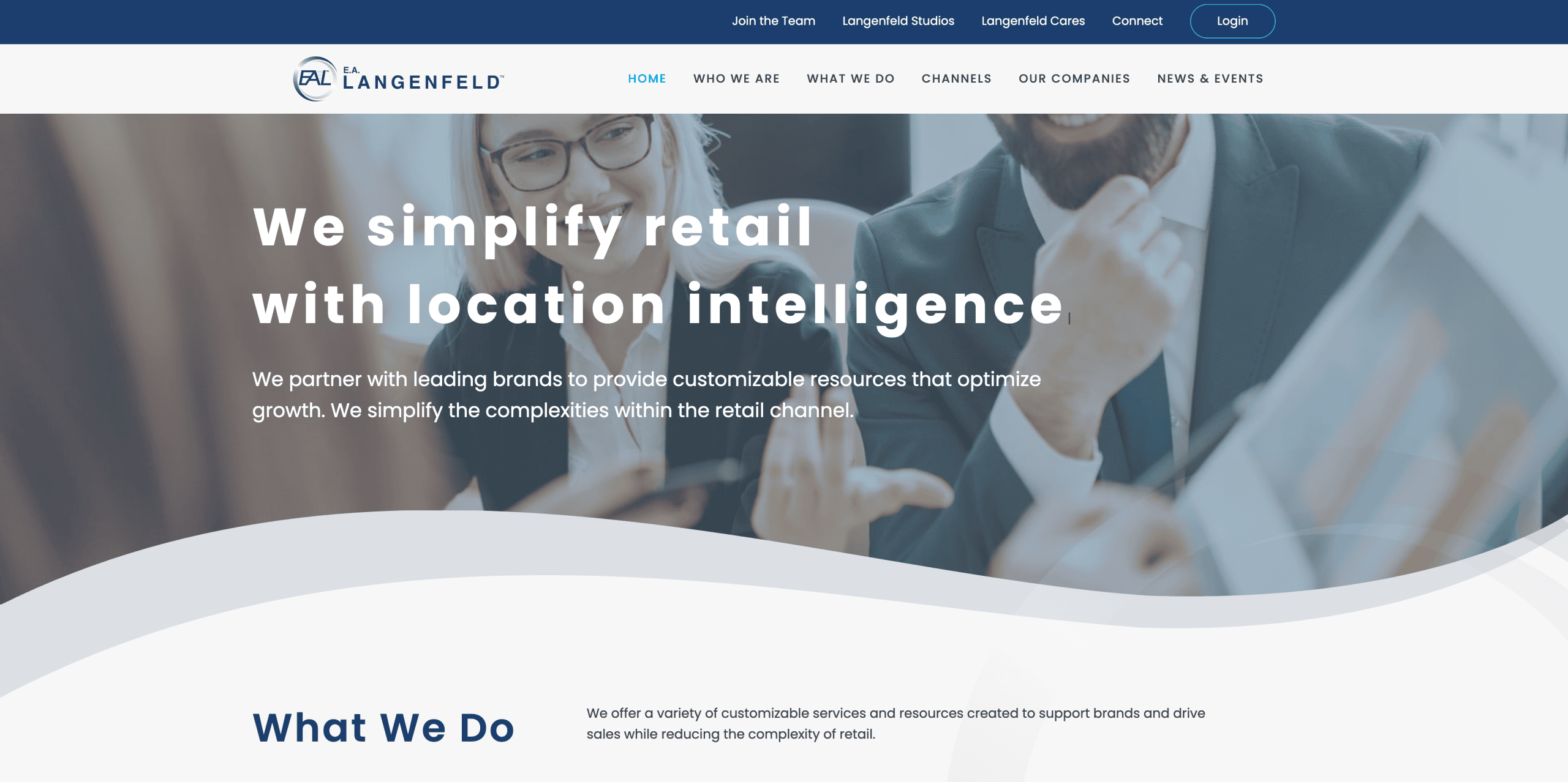 Website homepage for Langenfeld, featuring a header that reads We simplify retail with location intelligence, with business professionals in discussion and hints of Fort Lauderdale in the background. Navigation menu appears at the top.