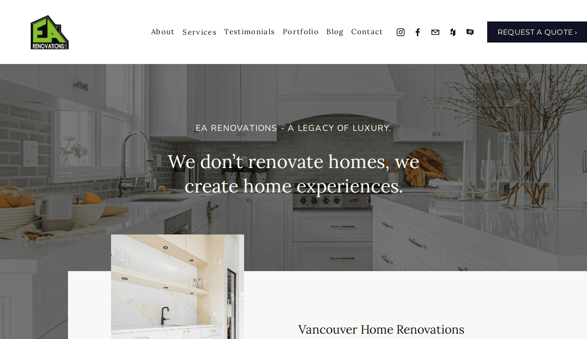 Screenshot of a renovation company website featuring a modern white kitchen with a stove, cabinets, and plants. Text reads: “We don’t renovate homes, we create home experiences.” Perfect inspiration for Bathroom Remodeling Website Design. Navigation and logo are visible.
