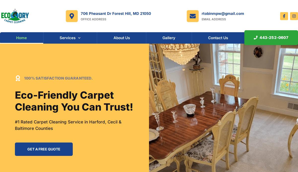 A carpet cleaning website design for Eco-Dry features contact info, a green and yellow theme, and a dining room with a large table. A banner highlights eco-friendly services and a “Get a Free Quote” button that converts visitors.