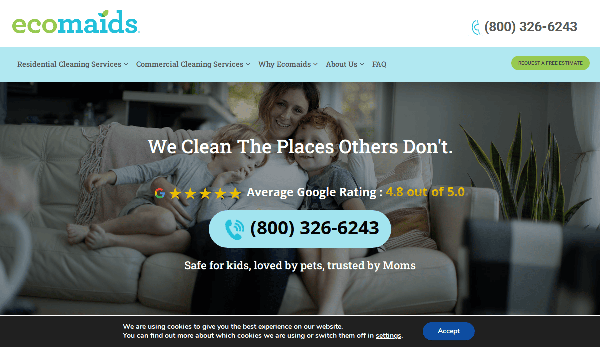 A smiling woman sits on a couch with two happy children in a cozy living room. Text reads, “We Clean The Places Others Don’t,” displays a 4.8 star rating, the Ecomaids logo, phone number, and highlights our expert cleaning service website.