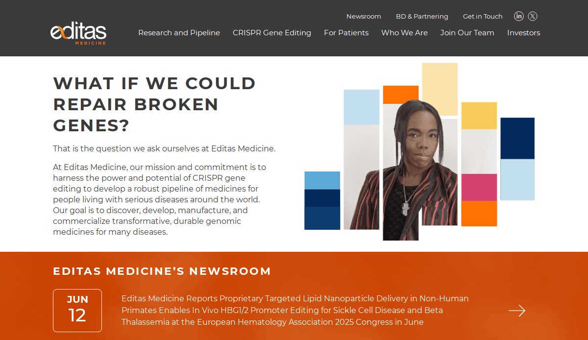 Screenshot of the Editas Medicine biotech website design, featuring their logo, navigation links, a headline asking What if we could repair broken genes?, a photo of a woman, and a news section about recent company research.