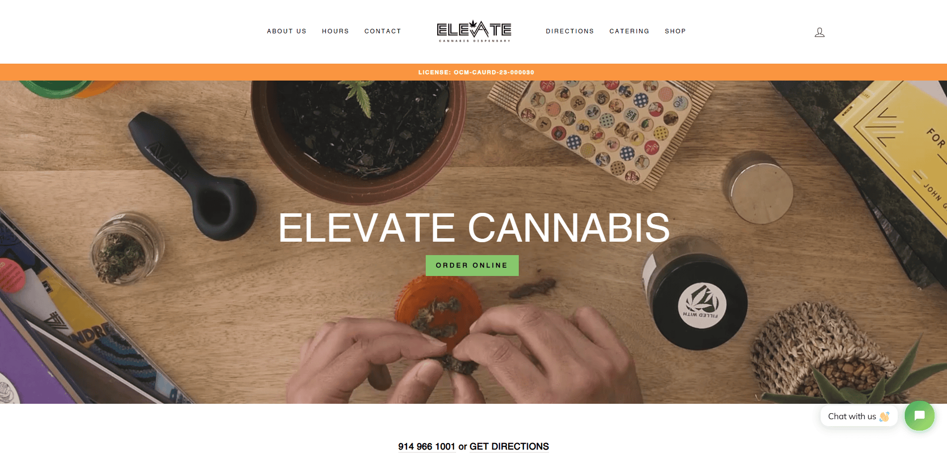 A top-down view of hands preparing cannabis on a table with various items, including a grinder, lighter, and rolling papers—ideal inspiration for a high-performing cannabis website design. The header reads ELEVATE CANNABIS with a green ORDER ONLINE button.