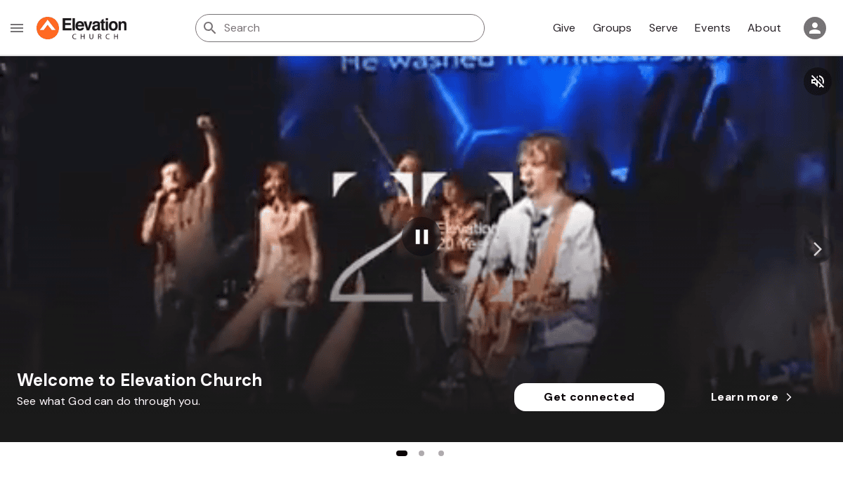 A worship band performs on stage with blue lighting at Elevation Church. The screen displays a large 24 graphic. Text at the bottom reads, Welcome to Elevation Church—explore our homepage for ministry tool resources and inspiration.