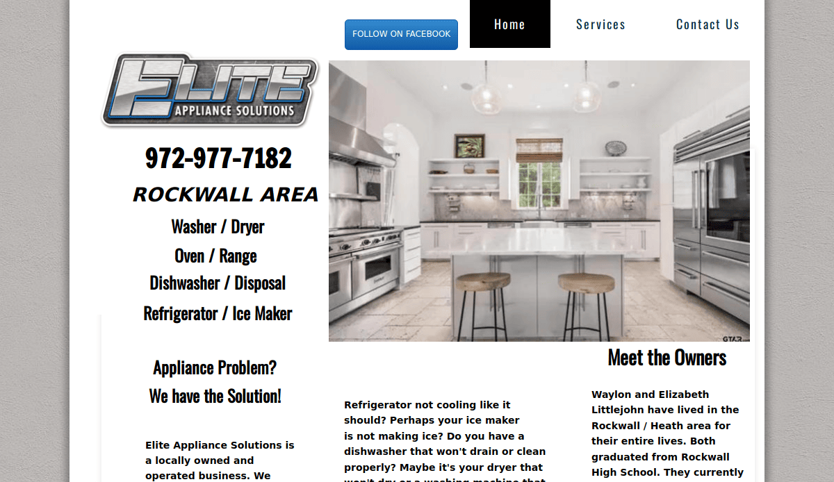 Screenshot of Elite Appliance Solutions’ professional website design featuring their logo, contact info, a modern white kitchen image, service list, and an introduction to appliance repair experts Waylon and Elizabeth Littlejohn in the Rockwall area.