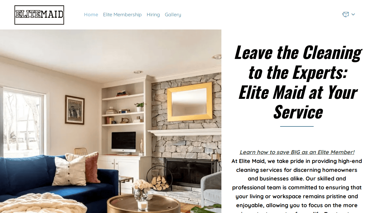 Screenshot of Elite Maid’s cleaning service website homepage, showing a cozy living room with a fireplace, couch, and television. The right side features bold text promoting cleaning services and a navigation menu at the top.