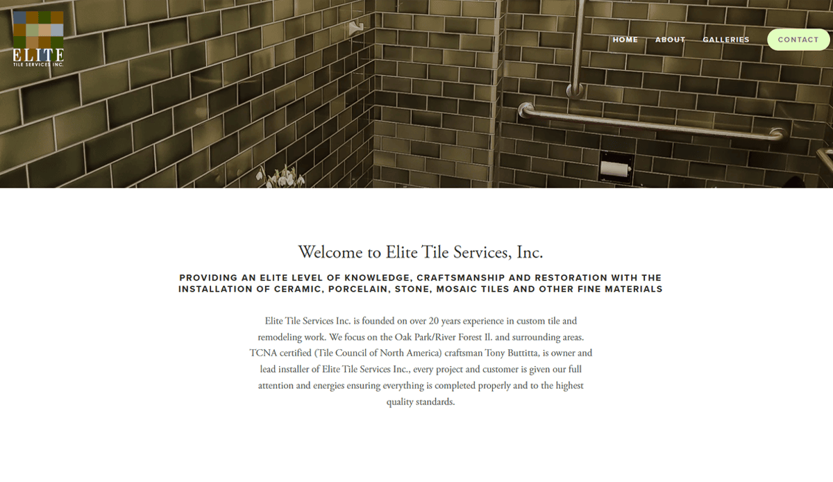Screenshot of the Elite Tile Services, Inc. homepage features a tiled bathroom wall with grab bars. Below, text introduces the company and highlights its performance in tile installation and restoration as a leading tile contractor website design.