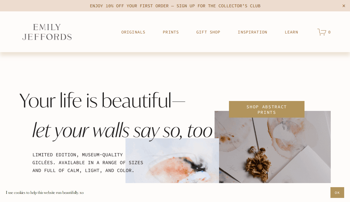 Screenshot of Emily Jeffords artisan website design homepage featuring a promotion for 10% off the first order, a welcome message, and images of abstract art prints available for purchase.