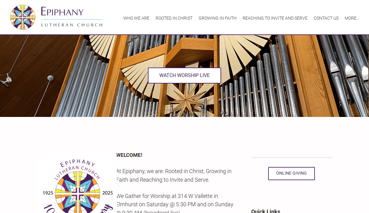 Screenshot of the Epiphany Lutheran Church website highlighting effective church website design, with a close-up of organ pipes, the church logo, navigation menu, and a prominent “Watch Worship Live” ministry tool button.