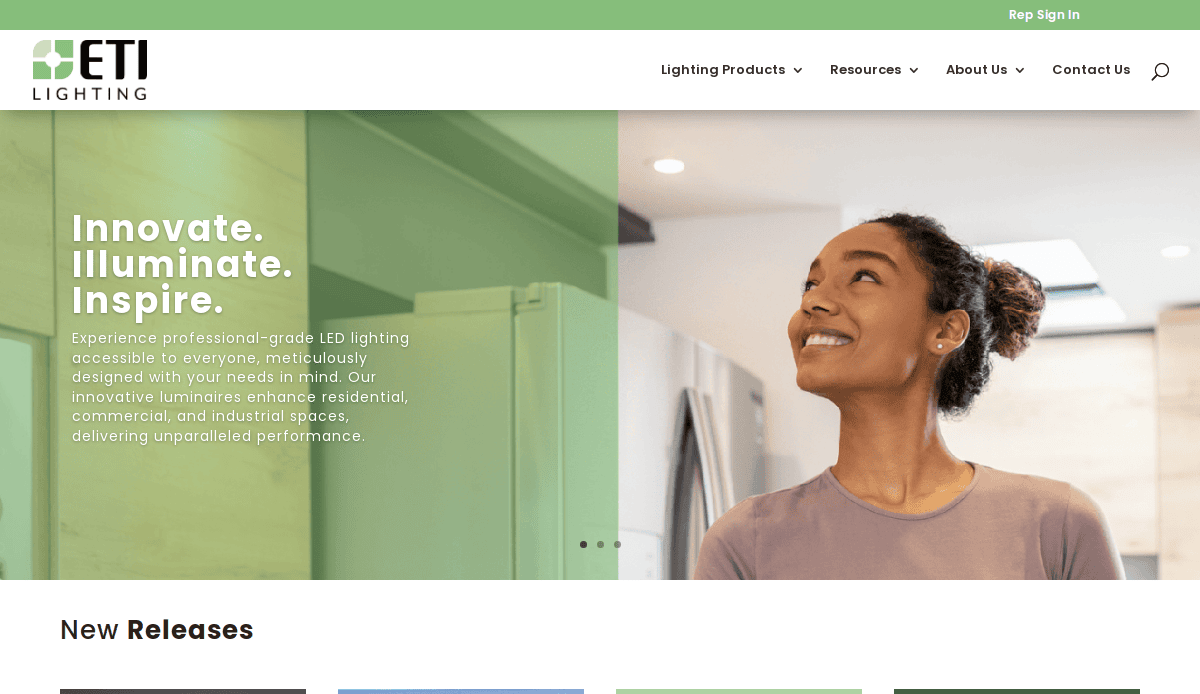 A woman with a bun smiles and looks upward in a brightly lit, modern room. Text reads Innovate. Illuminate. Inspire. promoting LED lighting—perfect inspiration for Carpet Cleaning Website Design showcased beside the ETI Lighting logo and menu.