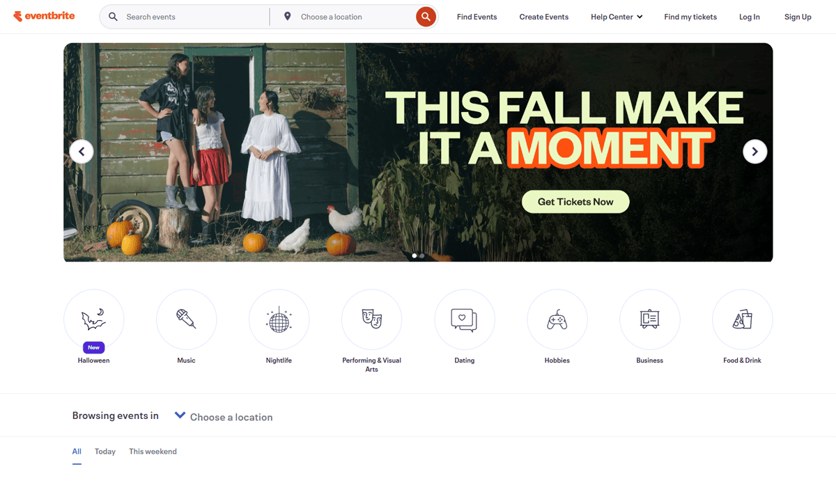 A group of three people in Halloween costumes stand outside a shed with pumpkins and chickens nearby. Large text reads This Fall Make It a Moment. The Eventbrite conference website design navigation is visible above and below the image.