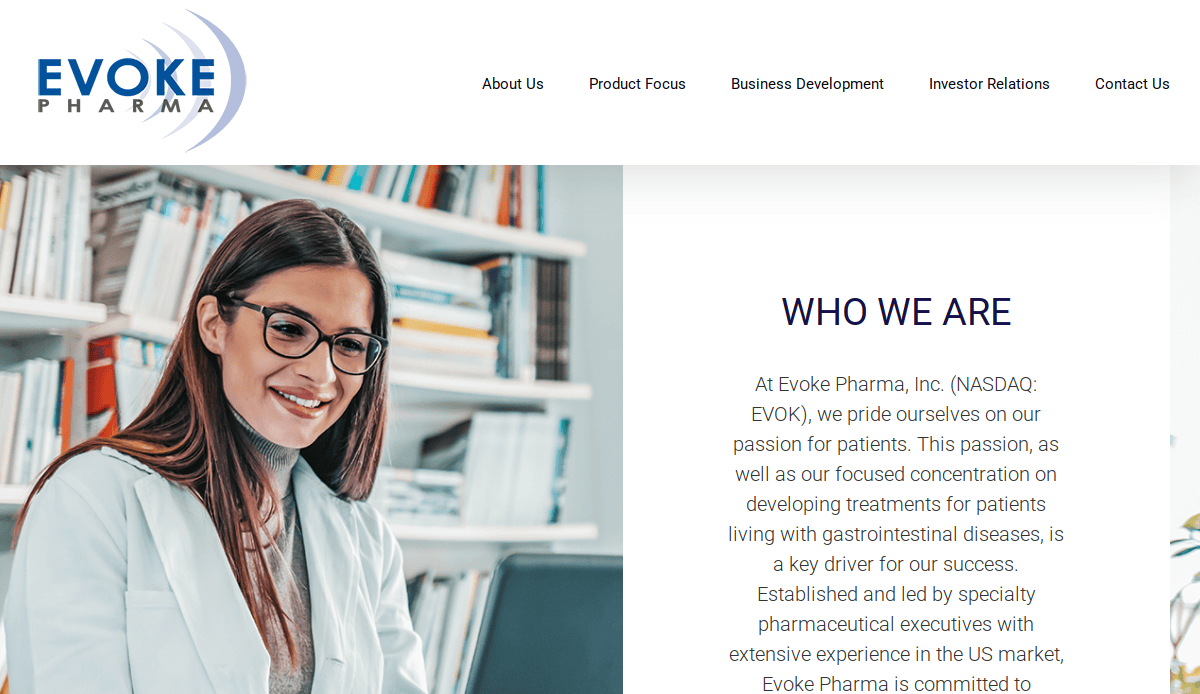A smiling woman with long brown hair and glasses sits at a desk in an office, with bookshelves behind her. The Evoke Pharma logo and a Who We Are section introduce company info, reflecting modern biotech website design.
