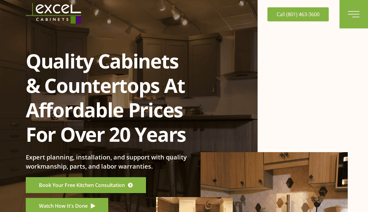 A website homepage for Excel Cabinets showcases expert cabinet makers, featuring a kitchen with wooden cabinets, a green call-to-action button, and bold text promoting affordable cabinets and countertops with over 20 years of experience.