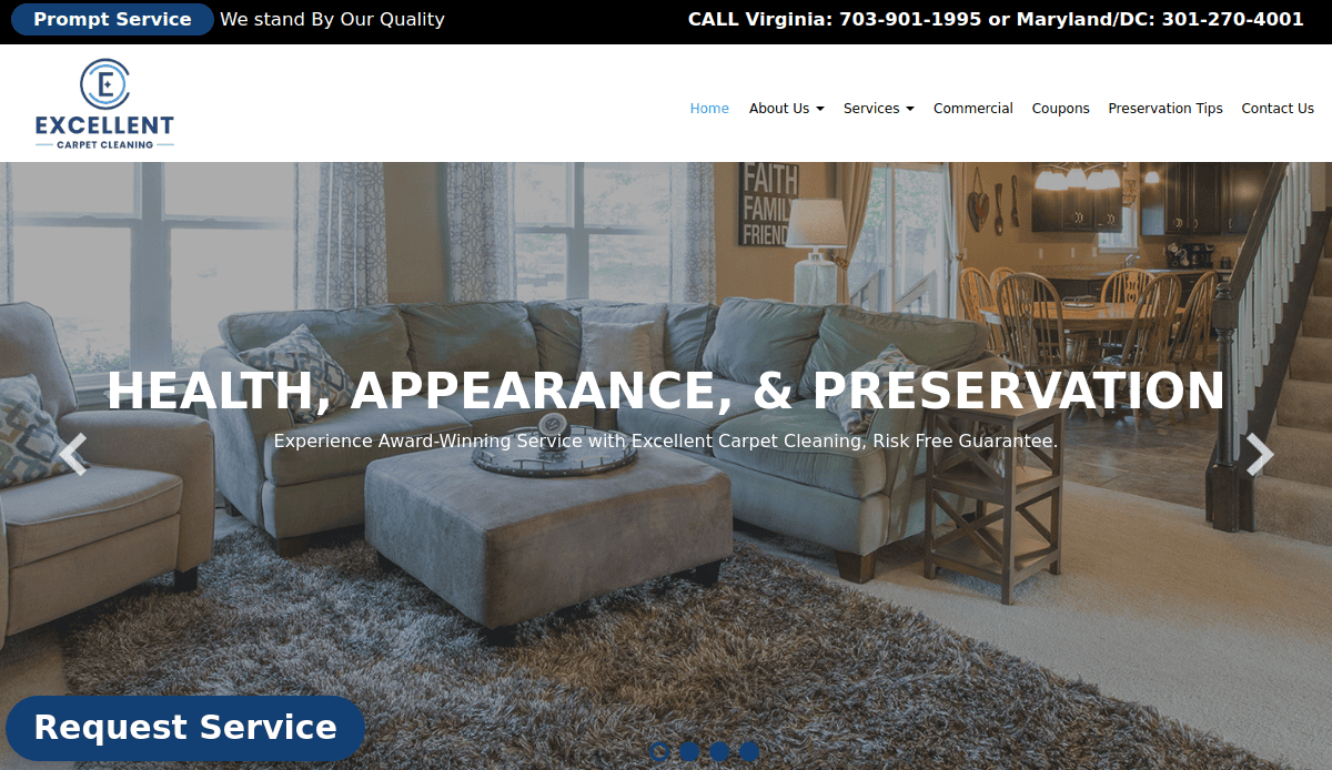 A clean, modern living room with a gray couch, blue ottoman, throw pillows, and a large window. Website banner for “Excellent Carpet Cleaning” featuring carpet cleaning website design tips and service info with contact numbers at the top.
