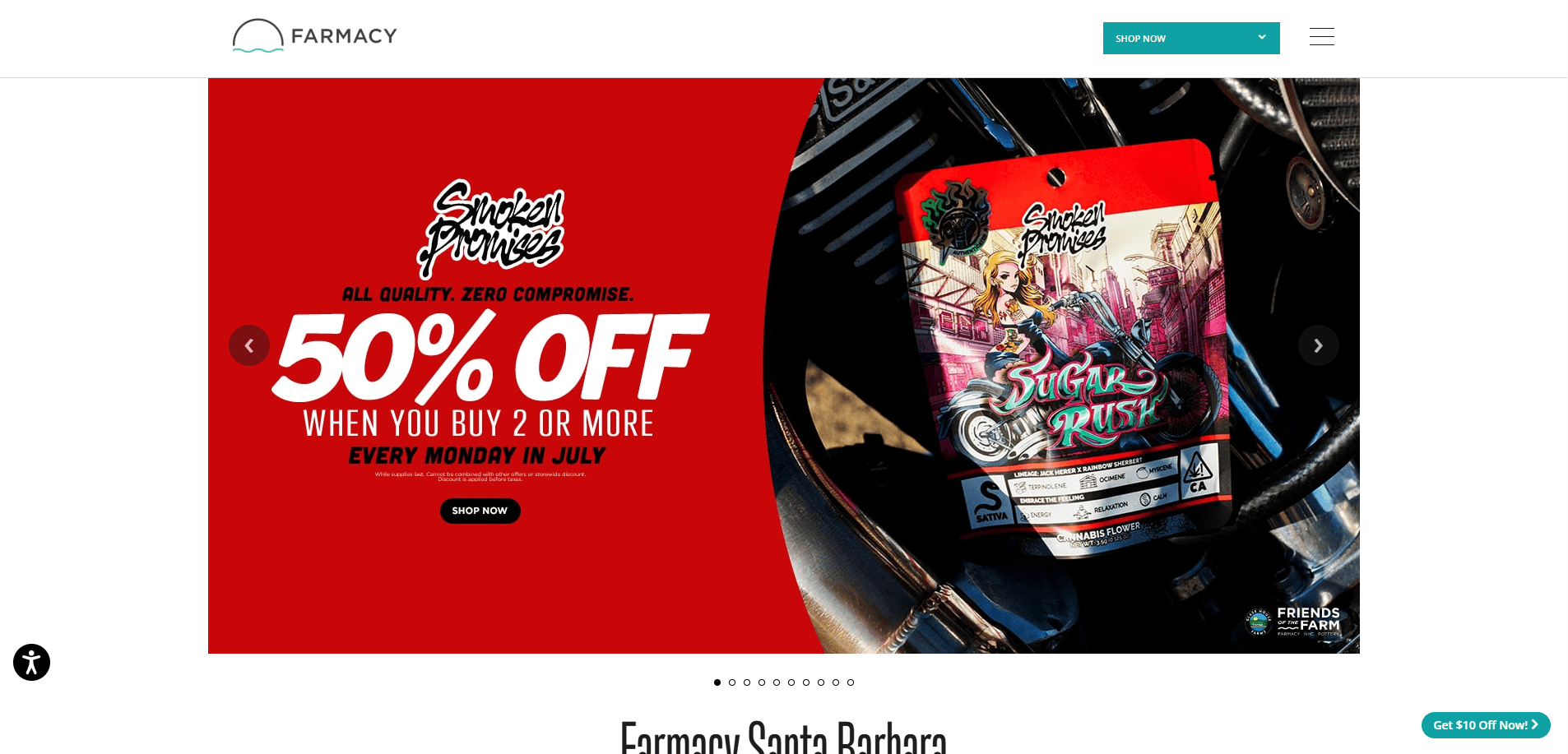 A compliant site banner advertises Sugar Rush edibles with a 50% off deal when buying 2 or more, valid every Monday in July. The bold red text and product image highlight this Cannabis website design’s exclusive promotion.