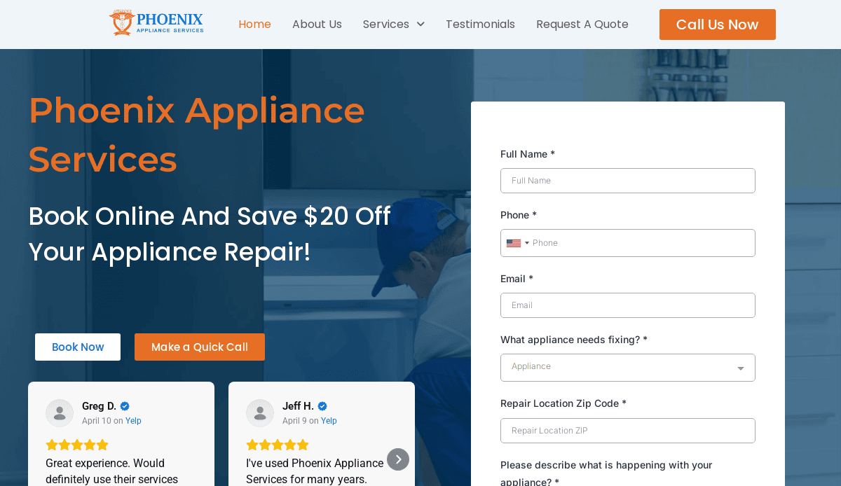 Screenshot of Phoenix Appliance Services’ professional website design, featuring a booking form and a headline offering $20 off appliance repair for online bookings. Book Now and Make a Quick Call buttons are clearly visible.