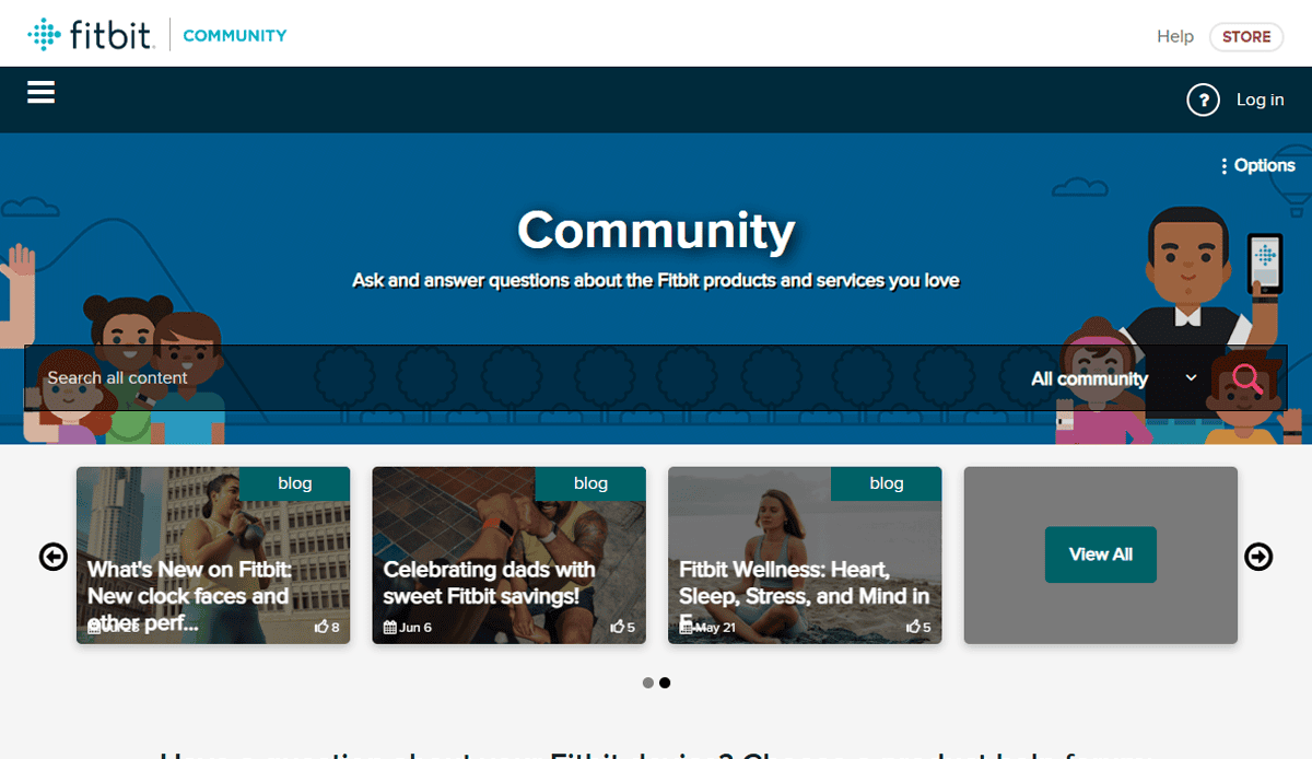 Screenshot of the Fitbit Community webpage featuring a search bar, navigation menu, and blog post previews about SEO tips, Fathers Day savings, and health & wellness. Cartoon figures decorate the blue banner at the top.