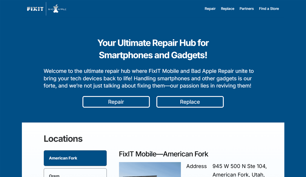 A website homepage for a tech repair business features sleek website design. The header says Your Ultimate Repair Hub for Smartphones and Gadgets! with Repair and Replace buttons, plus location details for FixIT Mobile—American Fork.