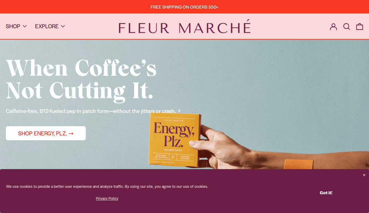 A hand holds a yellow box labeled Energy, Plz. in front of a light blue background. Text on the image reads, When Coffee’s Not Cutting It. Fleur Marché’s CBD website design banner and navigation are visible.