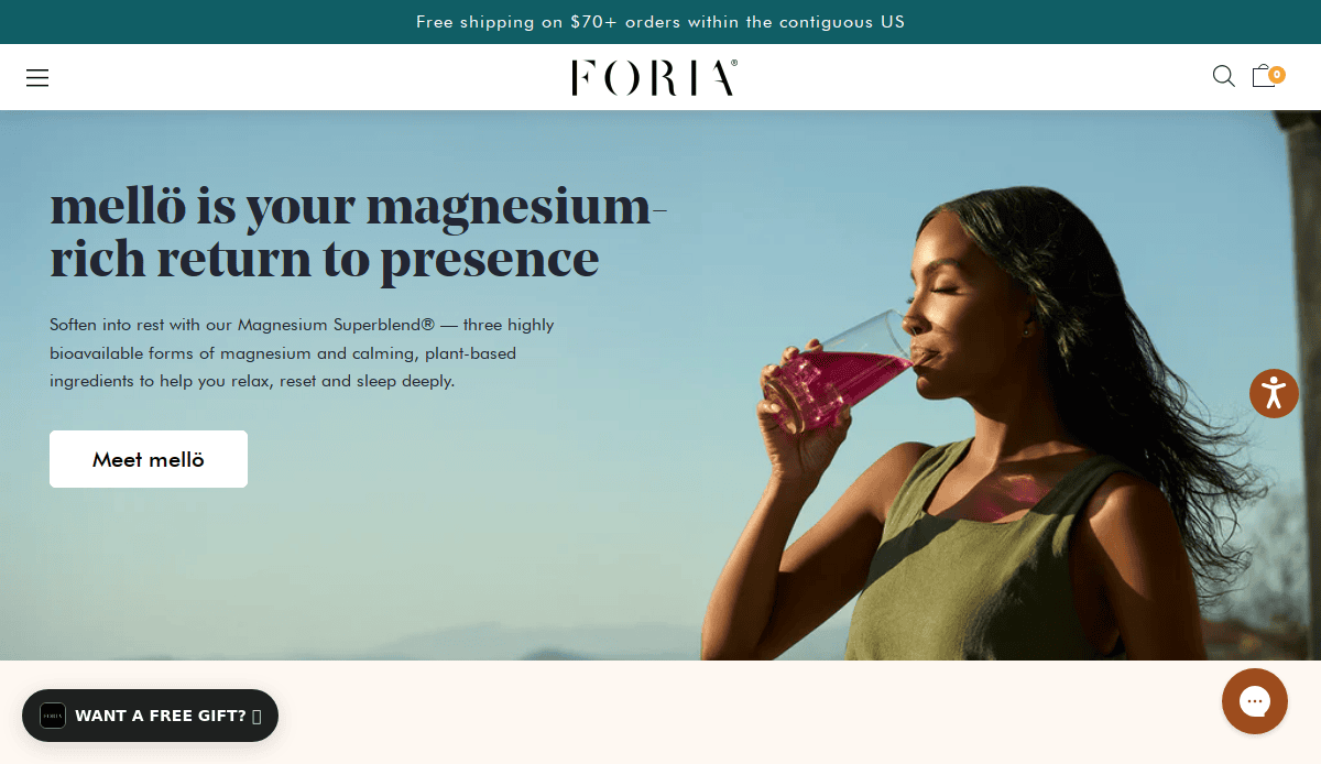 A woman in a sleeveless top stands outside, eyes closed, sipping a pink beverage. The website promotes mellö by Foria, focusing on relaxation and wellness with CBD website design that enhances your shopping experience.