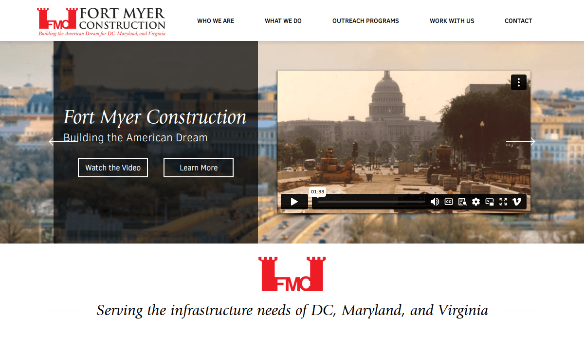 Screenshot of the Fort Myer Construction website homepage, featuring modern website design elements, a video thumbnail of roadwork with the U.S. Capitol in the background, and text promoting infrastructure services in DC, Maryland, and Virginia.