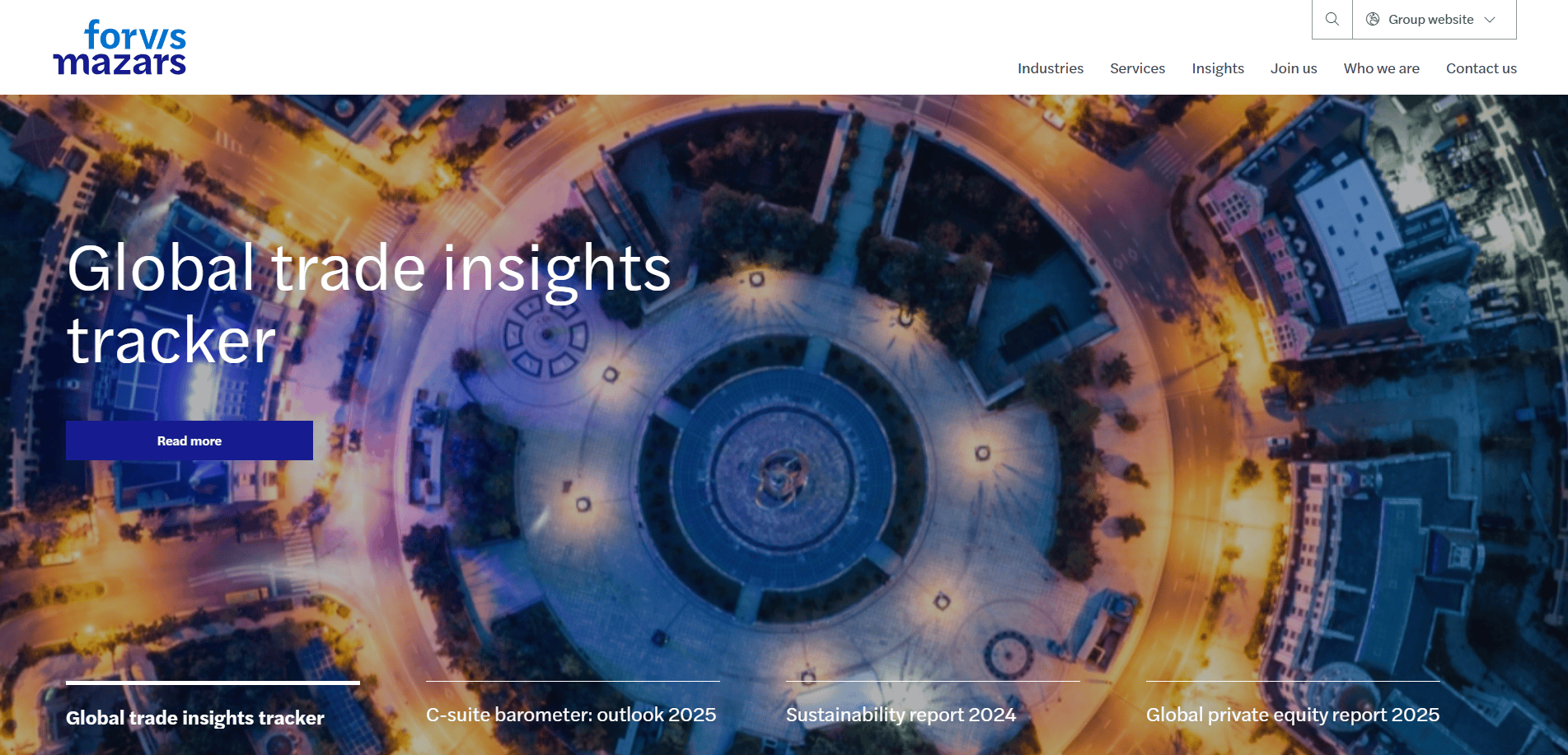 Aerial view of a high-impact circular city plaza at night with lights and traffic, overlaid with the Forvis Mazars logo and text: Global trade insights tracker and navigation menu at the top for an Accountant website.