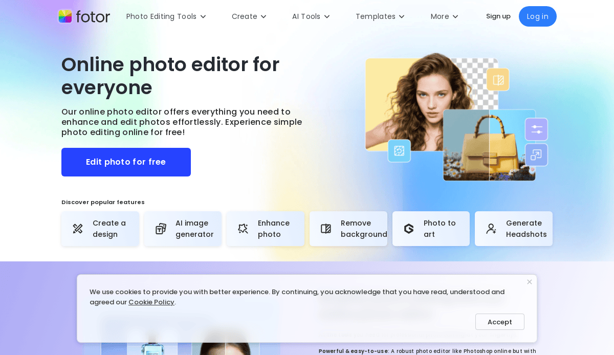 Screenshot of Fotor’s homepage featuring its tagline “Online photo editor for everyone,” a blue Edit photo for free button, and an intuitive website structure showcasing AI image generator, enhance photo, and remove background tools.