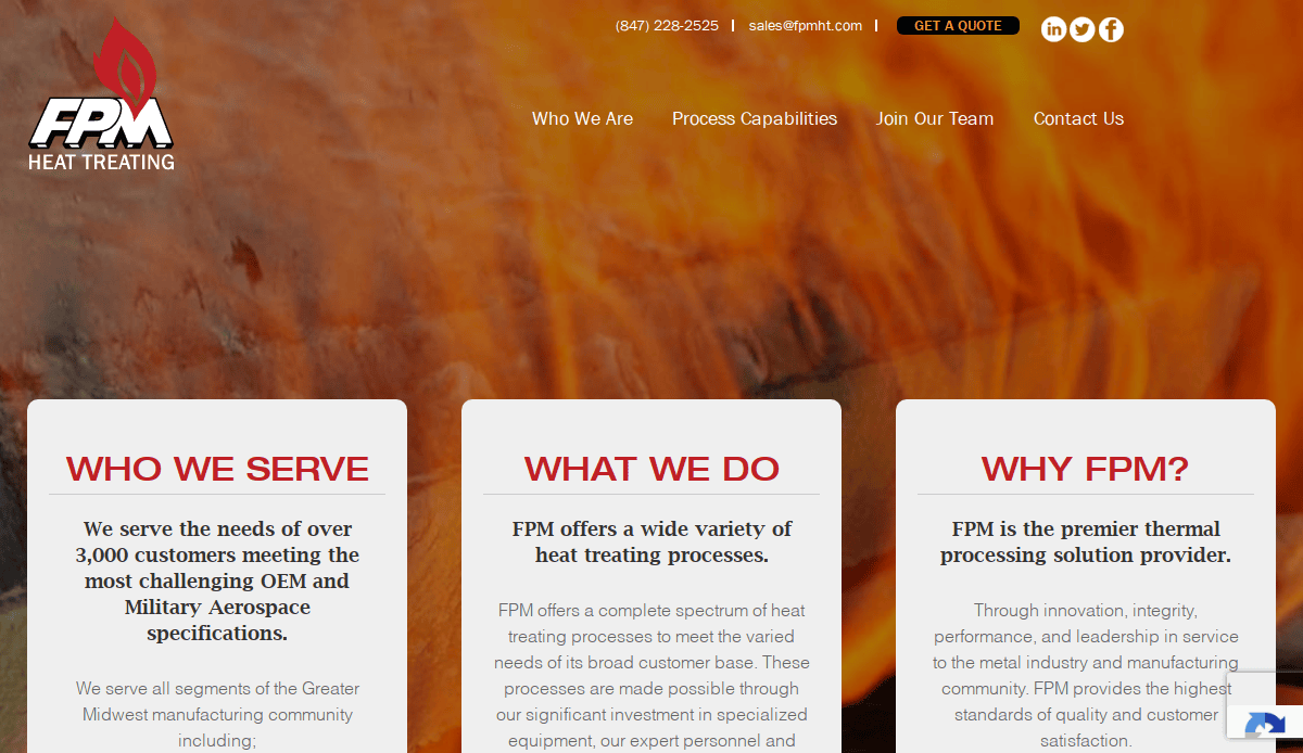 Website homepage of FPM Heat Treating. Following a website design guide, three white boxes highlight “Who We Serve,” “What We Do,” and “Why FPM?” over an orange flame background, with navigation and contact info at the top.