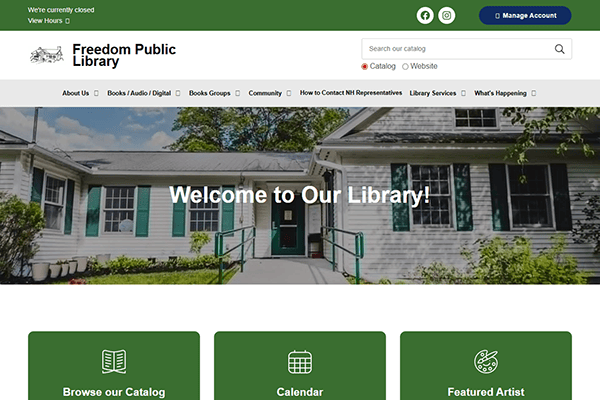 Screenshot of the Freedom Public Library website homepage, featuring a library building, navigation menus, a Website Search bar, and the text Welcome to Our Library! displayed over the main image.