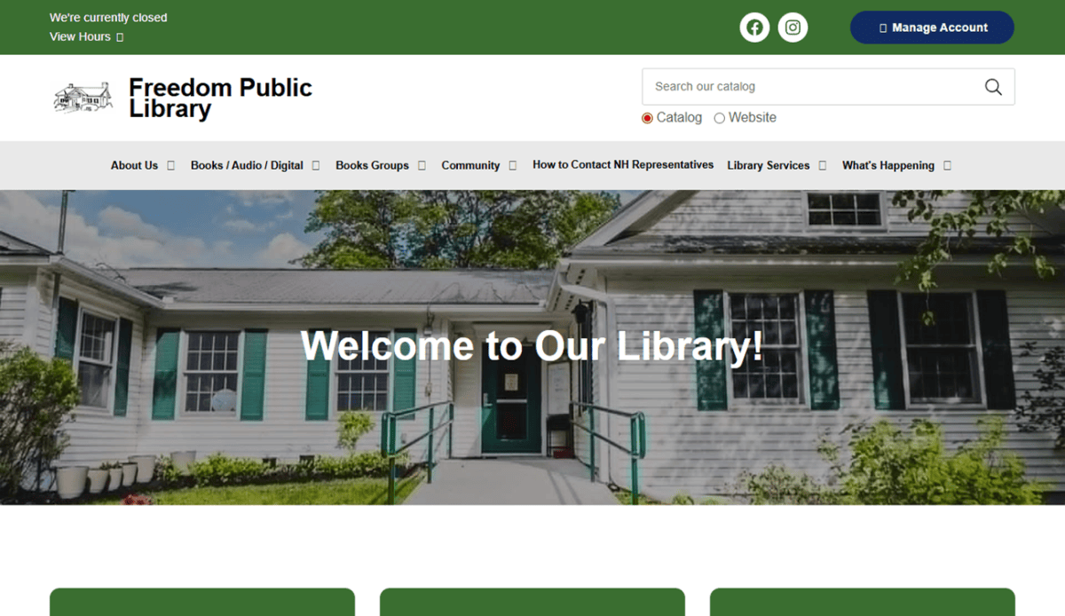 Screenshot of the Freedom Public Library homepage featuring navigation links, welcome text, quick access to the Library Catalog, museum passes info, event highlights, local news, an art exhibit, and a carousel of book covers at the bottom.