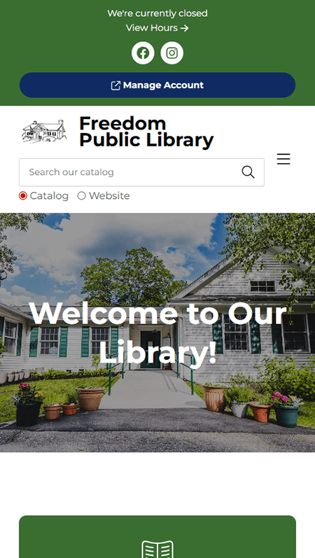 Screenshot of the Freedom Public Library website featuring a library building photo, Website Search and Catalog navigation, news, featured events like origami art, community involvement info, staff picks, and contact details.