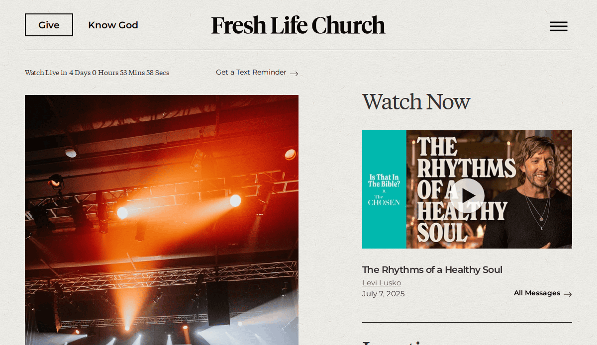 Screenshot of Fresh Life Church’s homepage featuring a live event countdown, navigation links, stage lights photo, and a video section with The Rhythms of a Healthy Soul—an engaging example of modern church website design.