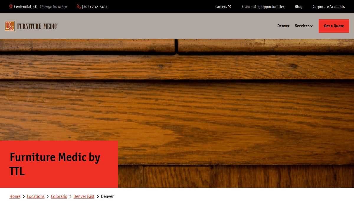 Screenshot of the Furniture Medic website design showing a close-up of wooden furniture, navigation links at the top, and the text Furniture Medic by TTL in a red box. The menu features options like Services and Get a Quote, ideal for cabinet makers seeking inspiration.
