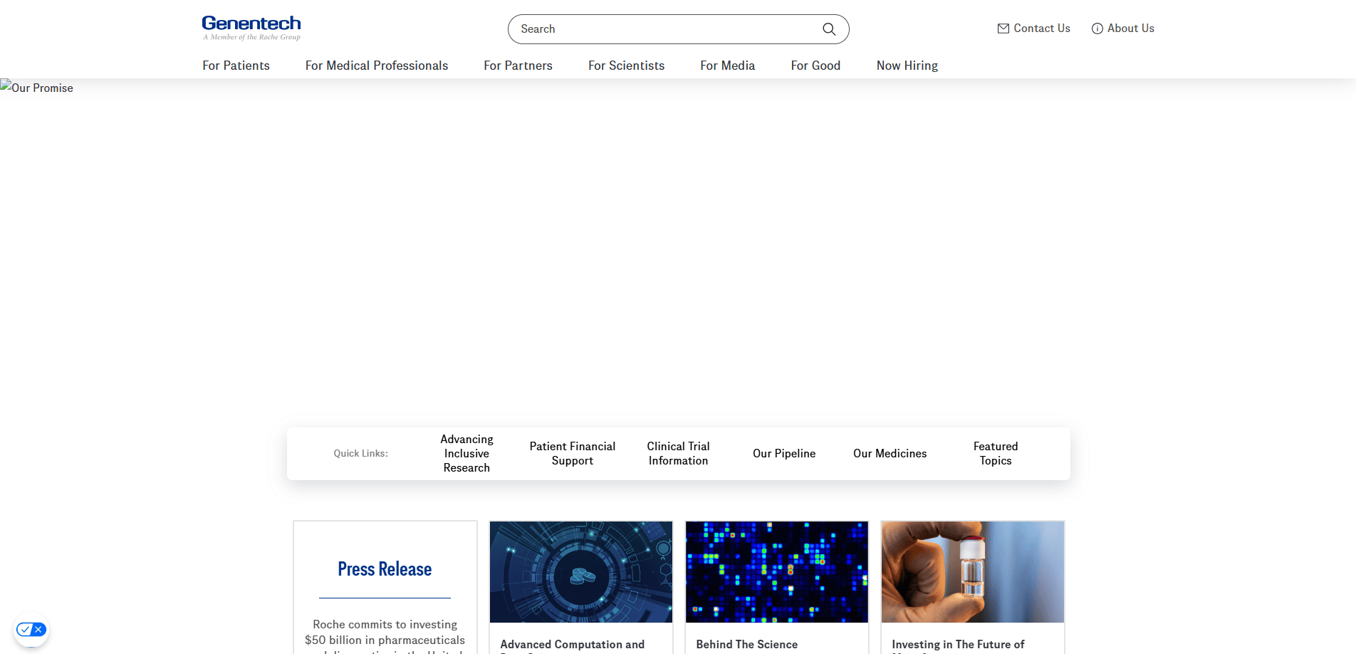 Genentech homepage features intuitive biotech website design with navigation links for patients, professionals, and partners; a search bar; press release highlights; and featured topics like research, medicines, and clinical trials.