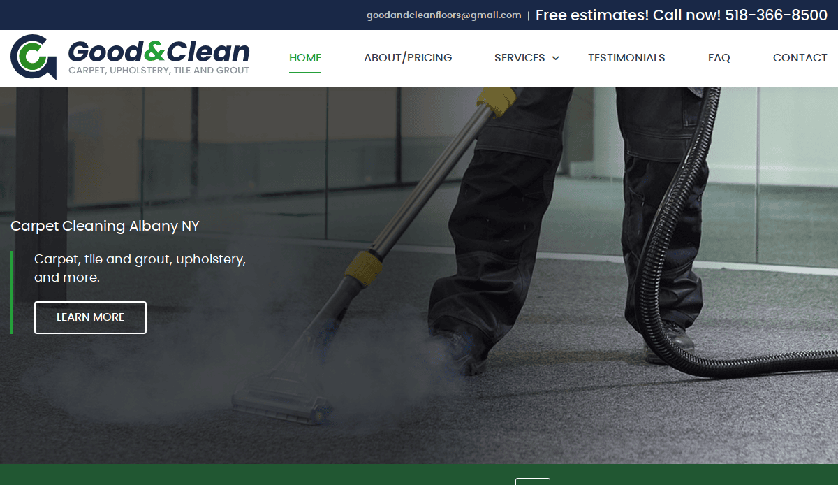 A person uses a professional carpet cleaning machine on a dark office carpet. The Good & Clean website header highlights carpet, tile, and grout cleaning services, showcasing a clean and user-friendly carpet cleaning website design with free estimates info.