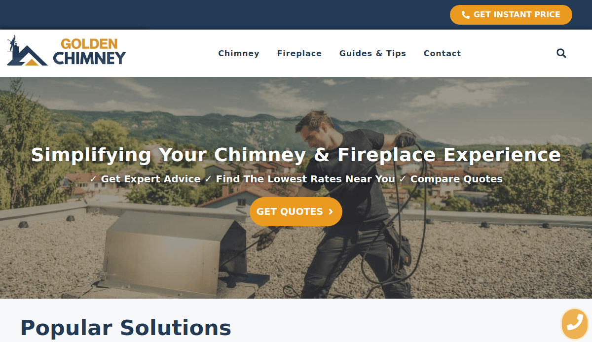 A chimney technician in safety gear works on a rooftop chimney, framed by mountains. The website header reads Golden Chimney, featuring a chimney website design with navigation links and a button for getting an instant price.
